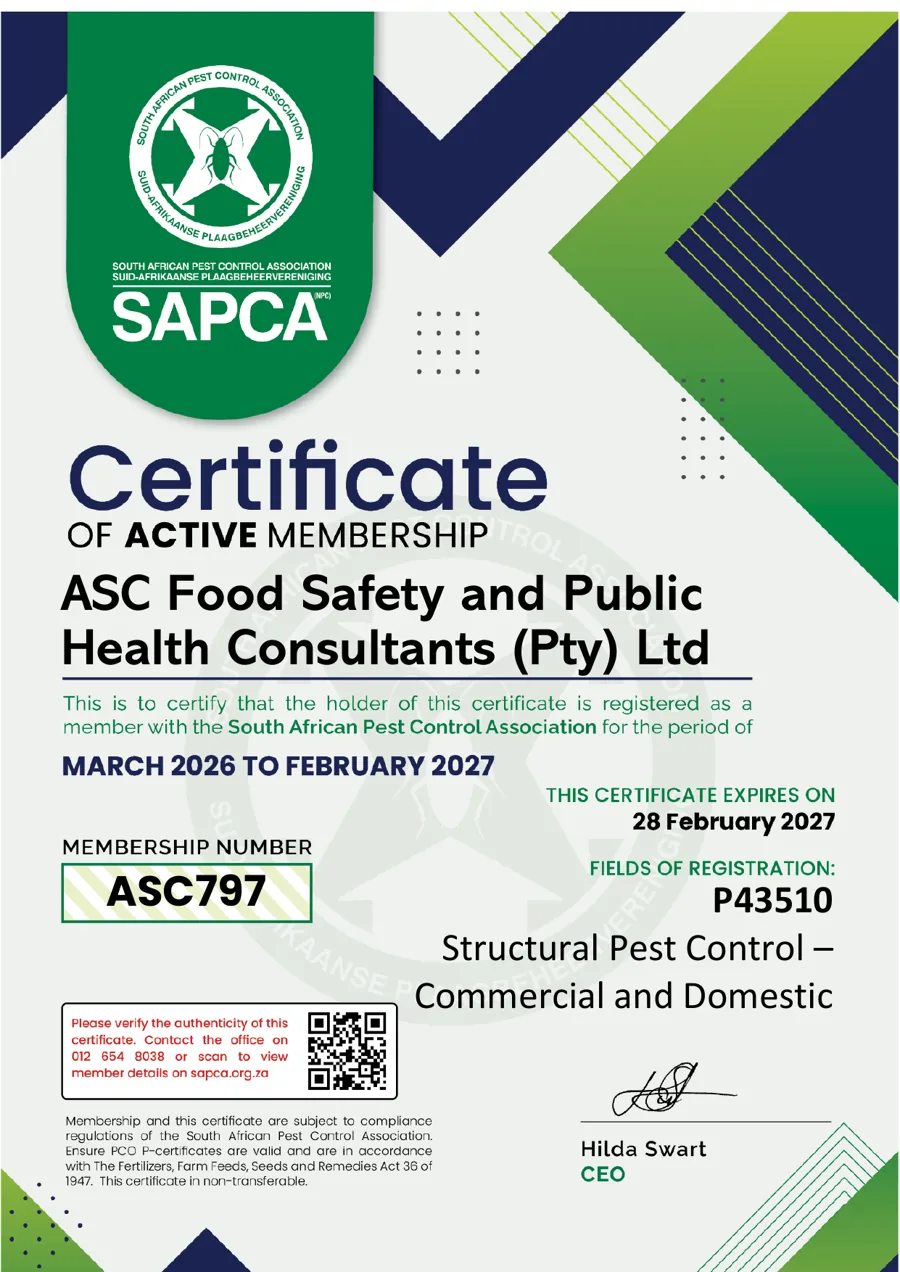 SAPCA Certificate of Active Membership for ASC Food Safety and Public Health Consultants, membership number ASC797, valid to 28 February 2027